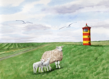 Poster DIN-A4  Watercolor Maritime Art Print North Sea East Friesland Greetsiel lighthouse Pilsum sheeps